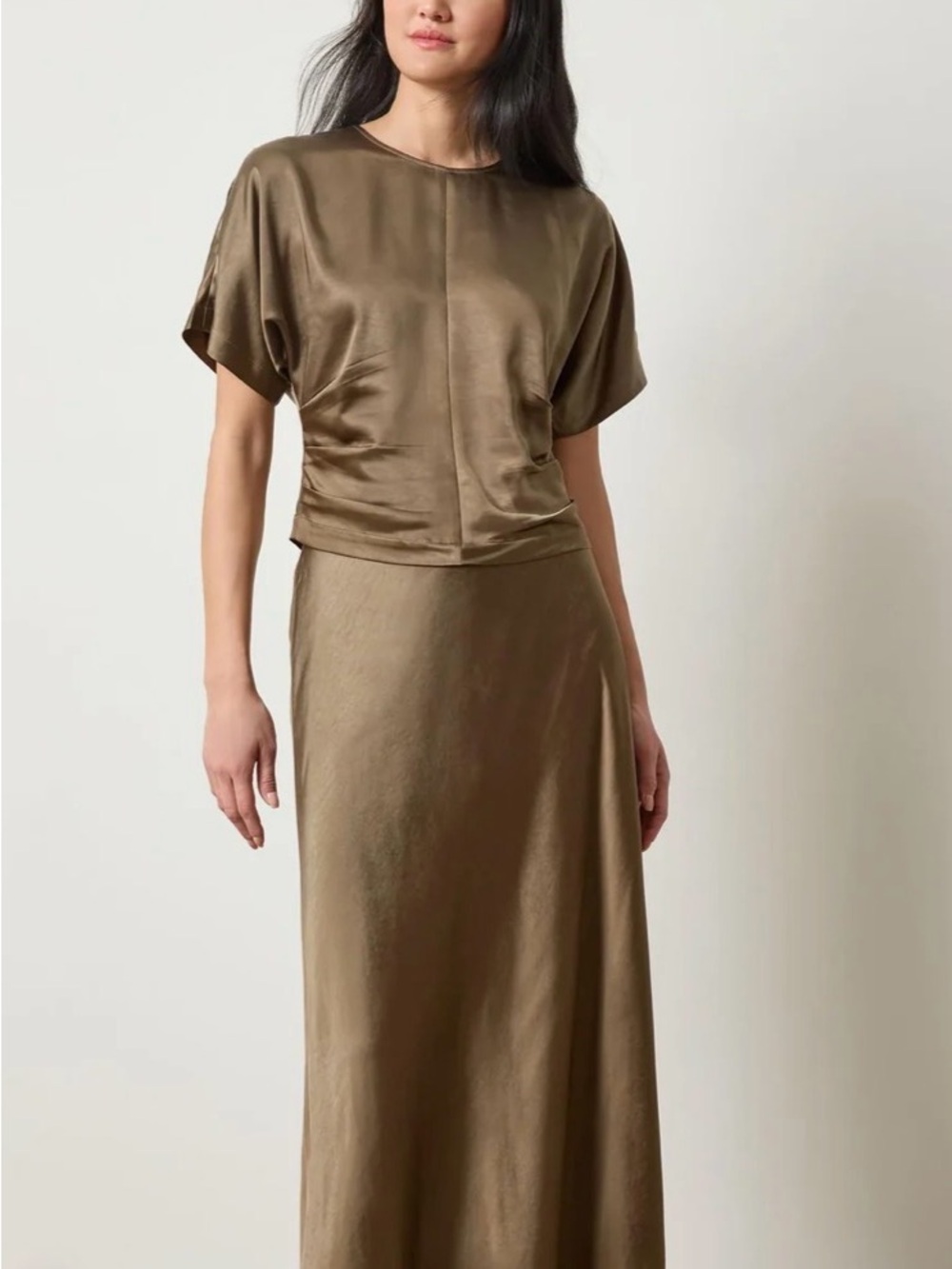 Lilla P Olive Satin Short-Sleeve Blouse - Picture 2 of 12
